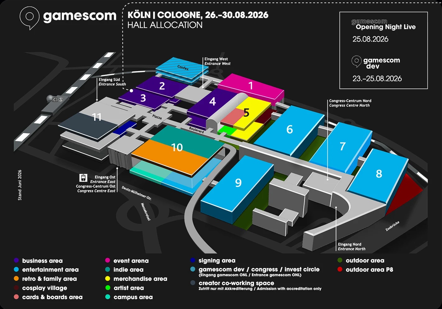 Gamescom 2026 hall allocation map of the Cologne fairground, 26–30 August 2026. PlayServ is in Hall 3, next to Entrance South.